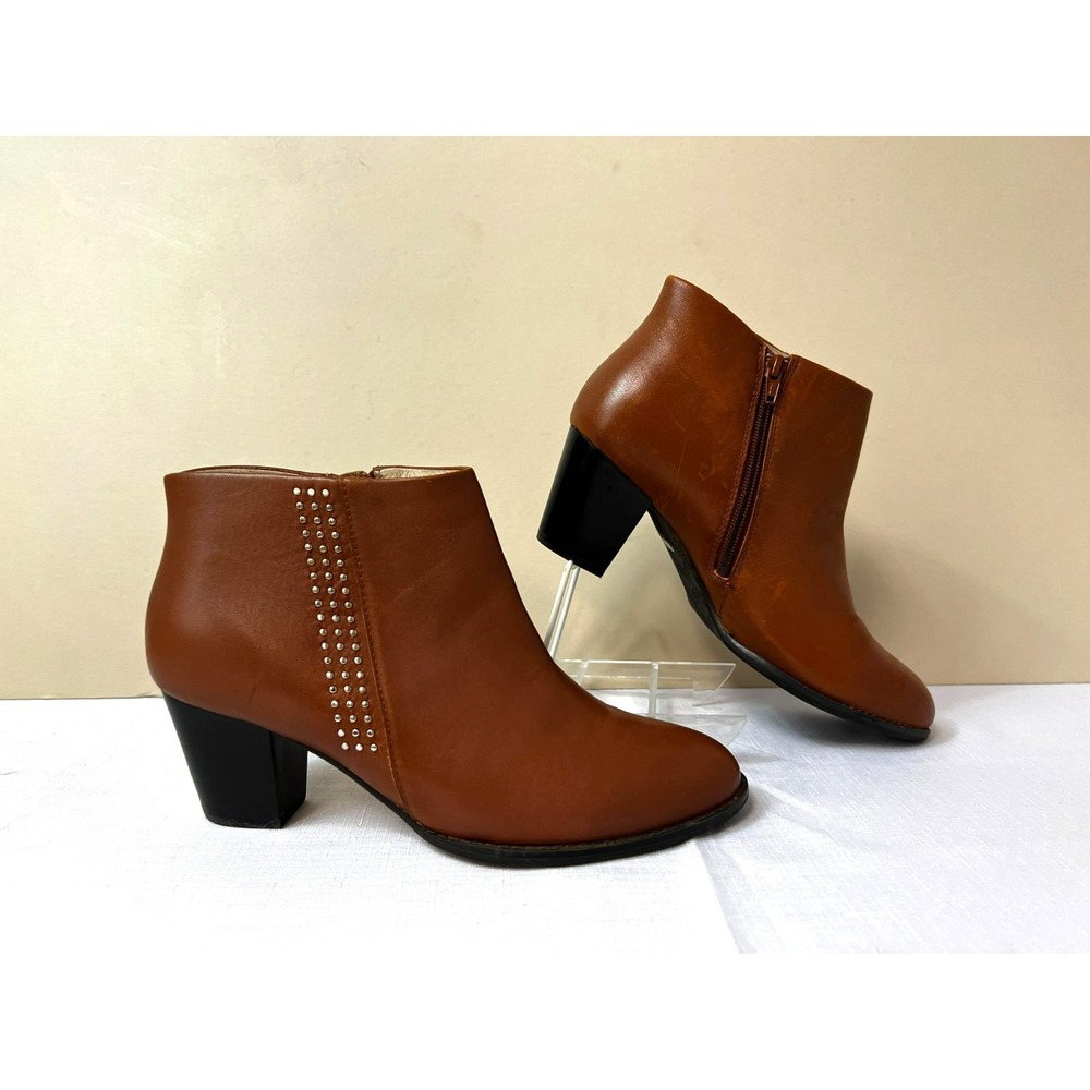 Vionic Georgia Studded Ankle Boot Caramel Brown Pointed Toe 2.5" Block Heel 9.5